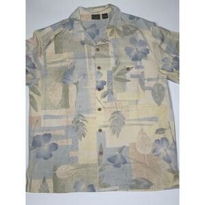 WFF Men's Hawaiian Short Sleeve 100% Silk Shirt Floral Print Blue/Tan Size Large